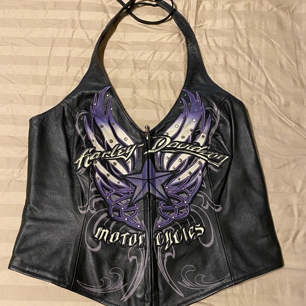 Harley Davidson Leather Zip Front Halter - Size Sm